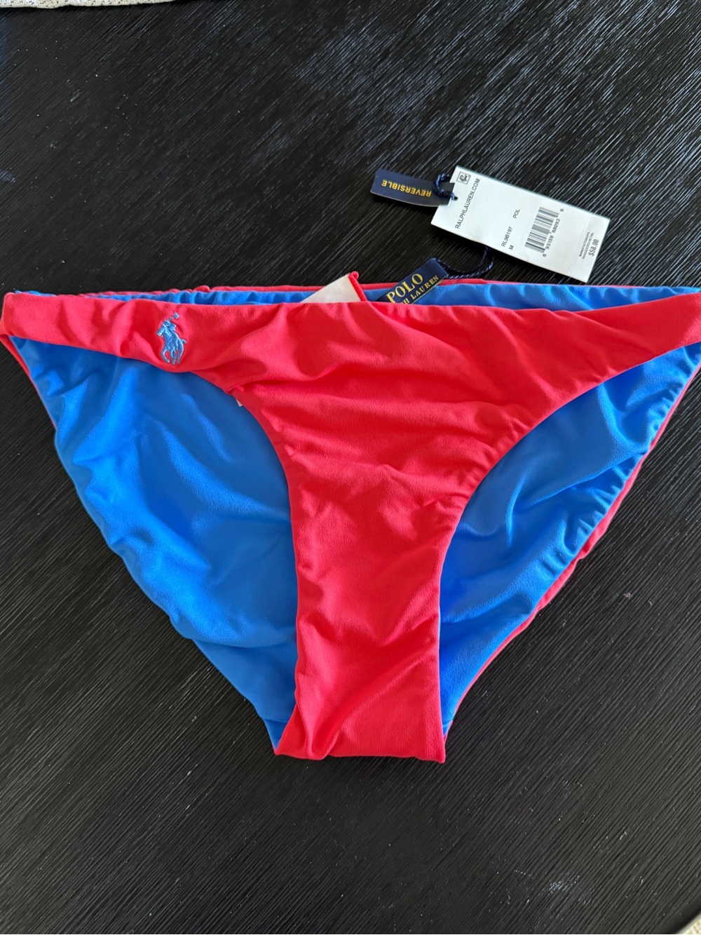 Polo Ralph Lauren Reversible Bikini Bottom Coral Blue Pony Logo NWT Size M - Picture 2 of 5